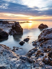Leinwandbilder - tranquil sunset over rocky coastline with calm waters and scenic views : generative ai