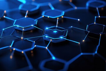 Fototapete - High-tech blockchain concept with layered paper cut style and glowing blue network nodes in a futuristic digital representation Generative AI