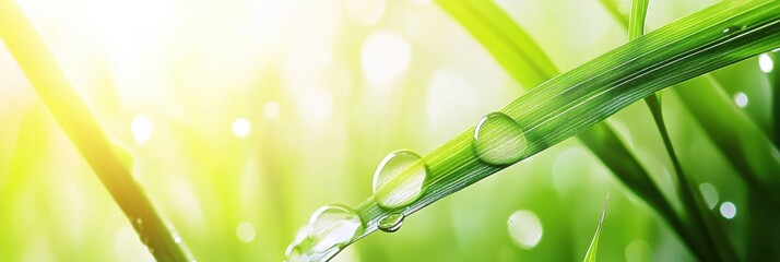 Poster - Close-up view of a dewdrop reflecting nature on a vibrant green wheat leaf with soft light and blurred background