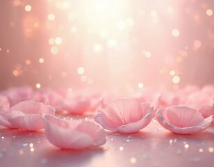 Poster - Pink bokeh background with soft petals, glitter, and blurred lights. Delicate soft pastel colors, wedding or Valentine Day theme. Beautiful cosmetic, product background, luxury romantic texture.
