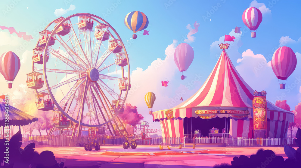 Amusement park and circus tent, ferris wheel flat vector illustration ...