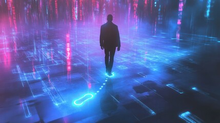 Silhouette walking through digital network, exploring cyberspace and connectivity