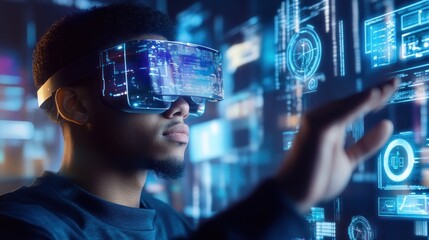 Immersive augmented reality: A programmer interacting with digital interface via AR glasses