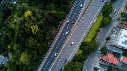 Poster - Dynamic aerial shot of a busy urban highway lined with lush trees and vehicles : Generative AI