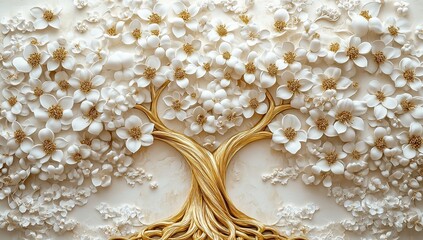 3d background with tree of life, gold and white flowers