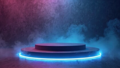 Aufkleber - Illustration shows stage podium platform for product advertising, promotion. Modern studio design, blank empty space for showcase product. Neon glowing light effect, 3d render, abstract background.