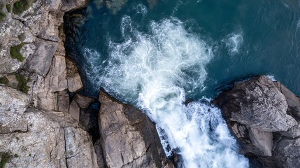 Leinwandbilder - Aerial View of Crashing Waves Hitting Rocky Shoreline Surrounded by Ocean : Generative AI