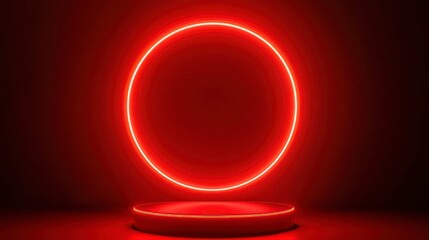 Wall Mural - Red circle neon background with cylinder platform suitable for product placement