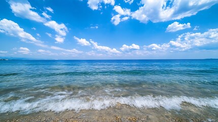 Leinwandbilder - Serene ocean view with tranquil waves under a clear blue sky filled with beautiful clouds : Generative AI