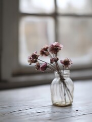 Poster - Delicate pink flowers in a vintage glass vase near a large window bringing a soft and tranquil feel to the scene : Generative AI