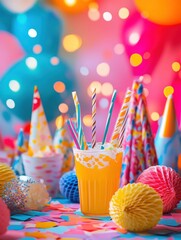 Poster - Vibrant celebration-themed background with colorful confetti, party elements, and festive lighting for a joyful gathering