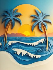 Fototapete - Dreamy tropical island scene with layered paper cut style featuring palm trees and golden sunset over blue waves
