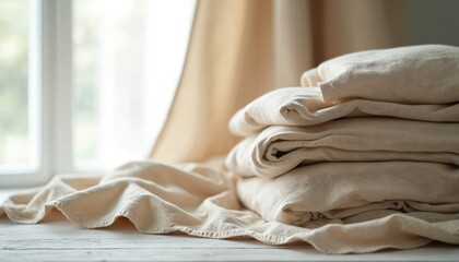 Aufkleber - Stack of beige curtains on white wooden table. Soft textile fabric, neutral colors for home decor, interior design. Clean, minimalist, simple look. Sunlight background.