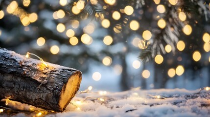 Aufkleber - Beautifully illuminated log with cozy lights on snowy ground creating a warm festive atmosphere : Generative AI