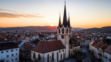 Poster - Historic church with tall spires set against a beautiful sunset illuminating the skyline : Generative AI