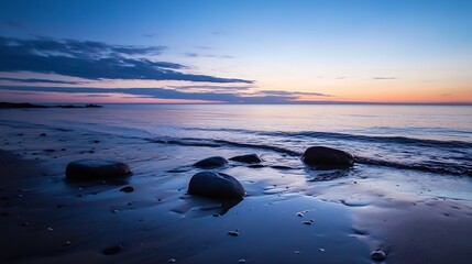 Leinwandbilder - Peaceful beach landscape at twilight with smooth rocks and calm water under a colorful sky : Generative AI