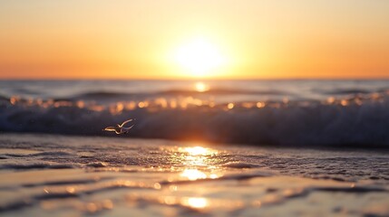 Leinwandbilder - Golden Sunset Over Ocean Waves with Silhouette of a Bird in Flight Above Water : Generative AI