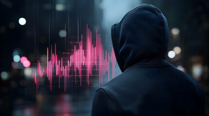 Hooded Figure Reviewing Data Graph in Rainy City at Night