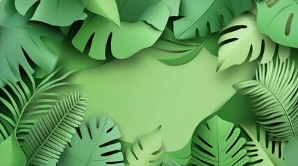 Poster - Vibrant eco-friendly paper art background featuring layered tropical leaves and smooth shadows in shades of green