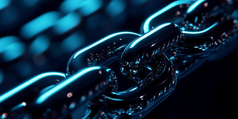 Wall Mural - close-up of a metallic chain with blue lighting, showcasing its reflective surface and interconnecte
