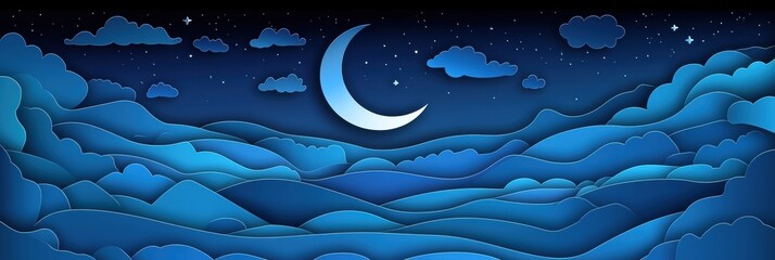 Aufkleber - Dreamy moonlit landscape with paper cut style featuring serene clouds and stars under a crescent moon