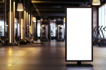blank vertical digital billboard in gym with blurred fitness equipment for health promotion, workout