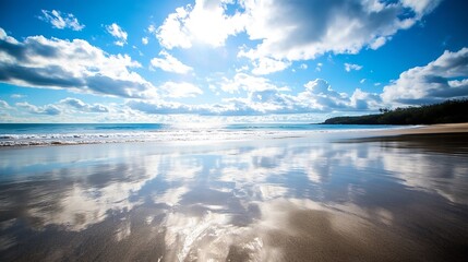Leinwandbilder - Beautiful beach scene with dramatic clouds and reflective wet sand under bright sunlight : Generative AI