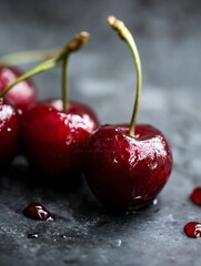 Poster - Juicy ripe cherries with vibrant red skin and green stems glistening on a dark stone surface : Generative AI