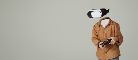 Poster - A person with a virtual reality headset and no visible head is actively using a gaming controller. The background is neutral, highlighting the modern technology and immersive experience.