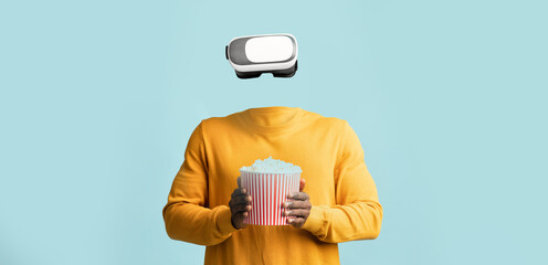 Poster - This modern user stands with a virtual reality headset in place of their head, holding a bucket of popcorn.