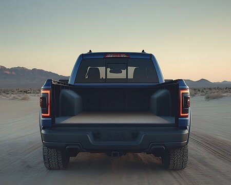 A blue pickup truck is parked in a desert landscape