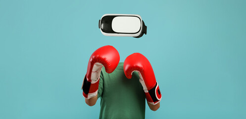 Poster - A user is immersed in virtual reality boxing while wearing a headset. The person has boxing gloves on but no visible head or face, highlighting the tech experience in a modern, isolated background.