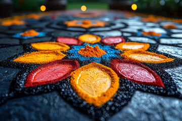 Wall Mural - a close-up of rangoli art dissolving under scattered powder, colors merging. concept of impermanence