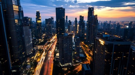 Poster - An impressive skyline of a bustling city at twilight with bright lights illuminating tall skyscrapers : Generative AI