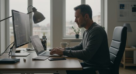 focused entrepreneur diligently working on computer at his modern workspace