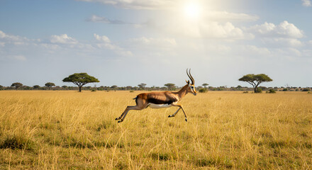  Gazelle Running Fast Through Golden Grassland on a Sunny Day