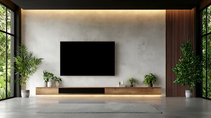  Modern Minimalist Living Room with Television and Plants Natural Light Interior Design