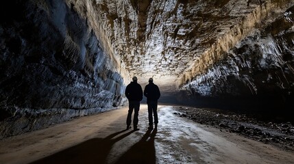 Poster - Silhouetted Figures Exploring an Atmospheric Cave with Stunning Rock Formation : Generative AI