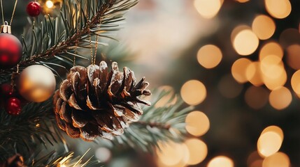 Poster - Beautifully decorated Christmas tree with a pinecone and festive ornaments creating a cozy holiday atmosphere : Generative AI