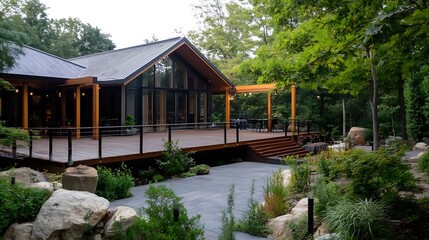 Aufkleber - Modern wooden house with large glass windows surrounded by lush greenery and a wooden deck : Generative AI