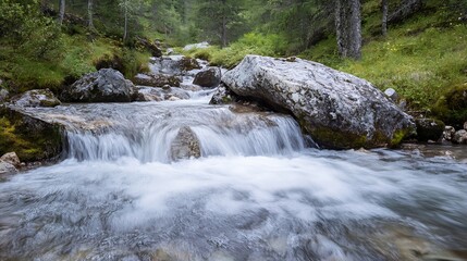 Poster - Serene natural landscape featuring a tranquil flowing stream surrounded by lush greenery and rocky terrain : Generative AI