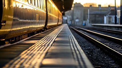 Aufkleber - Sunset View of Train Station Platform With Glowing Tracks and Quiet Atmosphere : Generative AI
