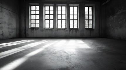 Leinwandbilder - Abstract Black and White Photo of an Empty Room with Light Streaming Through Windows : Generative AI