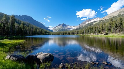 Poster - Stunning panoramic view of a tranquil lake surrounded by majestic mountains and lush greenery : Generative AI