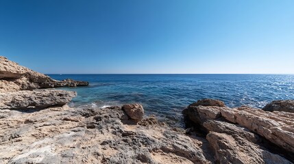 Leinwandbilder - Tranquil seascape with azure waters and rocky coastline under a clear blue sky : Generative AI