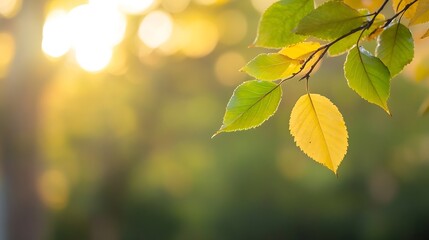 Poster - Golden and green leaves illuminated by sunlight creating a warm autumn atmosphere : Generative AI