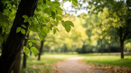 Poster - Lush green park pathway lined with trees showcasing vibrant foliage and tranquil outdoor setting : Generative AI
