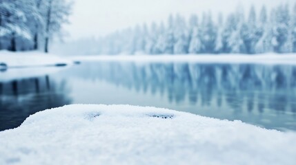 Aufkleber - Serene winter scene with frost covered trees and a tranquil lake reflecting a dreamy icy landscape : Generative AI