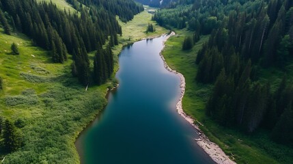 Poster - Aerial View of a Serene River Flowing Through Lush Green Forests Under Clear Blue Skies : Generative AI