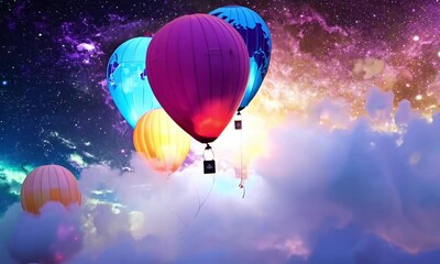 Wall Mural - Colorful helium balloons floating into a starlit galaxy, blending fun and cosmic wonder in a vibrant, dreamlike setting